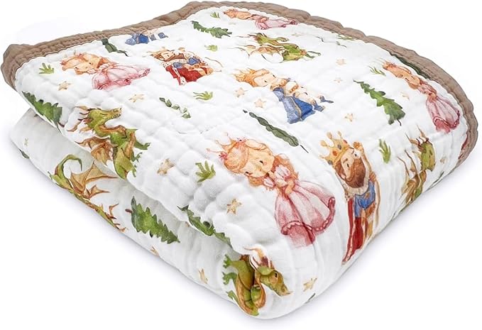 Organic Cotton Muslin Baby Blanket for Boys and Girls - Luxurious Soft Toddler Quilt for Swaddling - Gender Neutral Blanket - Baby and Toddler Gift - Princess Dragon Fairy Tale