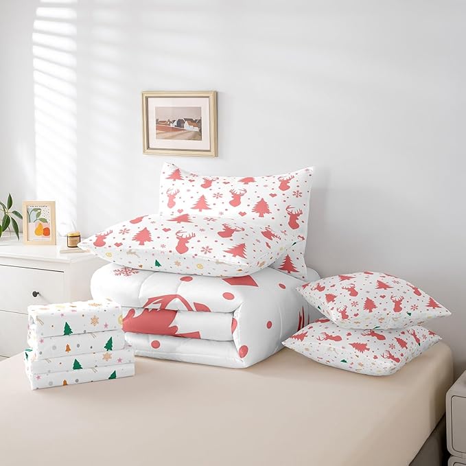 Feelyou Merry Christmas Bed in a Bag for Boys Girls Deer Silhouette Antler Cute Wildlife Bed Set Xmas Tree Snowflake Comforter Set with Sheets Pink Bedding Set Bedroom Collection Queen Size