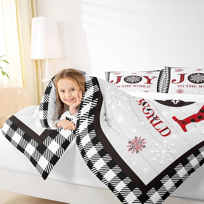 Christmas Snowflake Kids Comforter Set Full Size,Cottage Plank Bedding,Girls Boys Adults Bedroom/Xmas Cabin Decor,Geometric Grids Stylish Down Comforter,Rustic Farmhouse Duvet Insert,2 Pillowcases