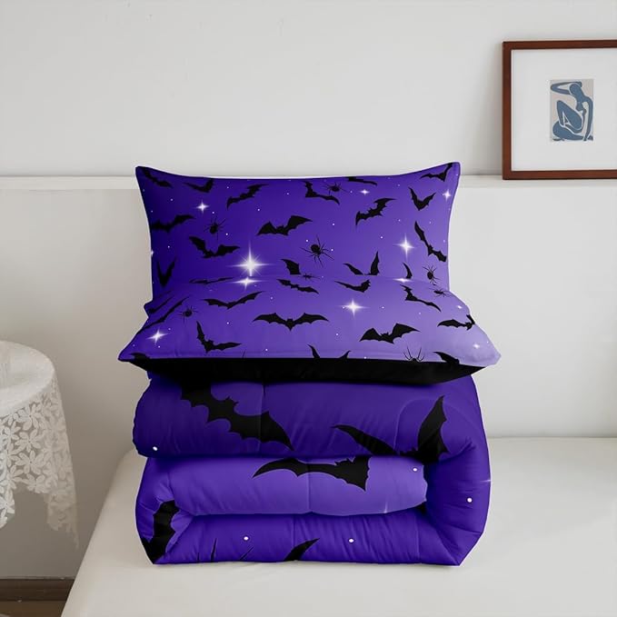 Erosebridal Bat Comforter Set Full Size for Kids Galaxy Glitter Bedding Set with 2 Pillow Cases Happy Halloween Quilt Gothic Spooky Down Comforter Purple and Black