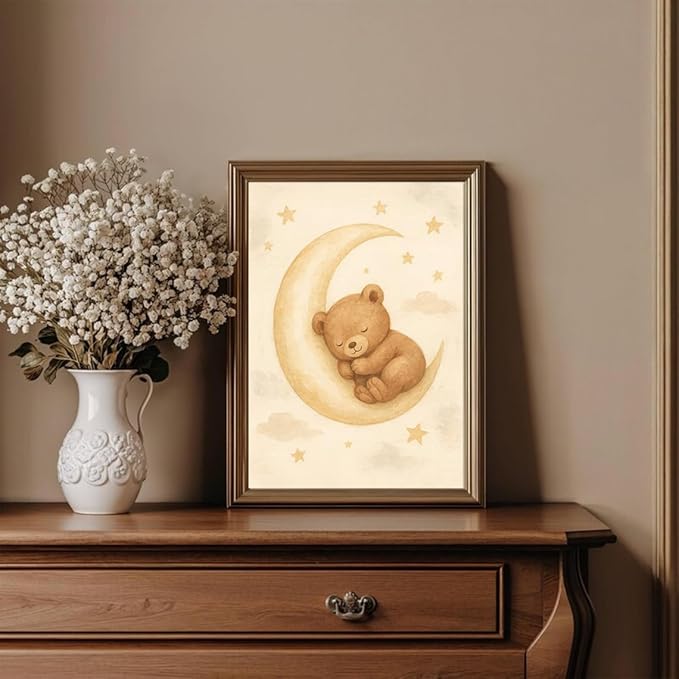 XBQZFLHT 3Pcs Bear Nursery Wall Art Teddy Bear Moon and Stars Canvas Prints Cute Animal Sleeping on the Moon and Cloud Neutral Baby Room Decor Pictures for Boys and Girls 8x10in Unframed