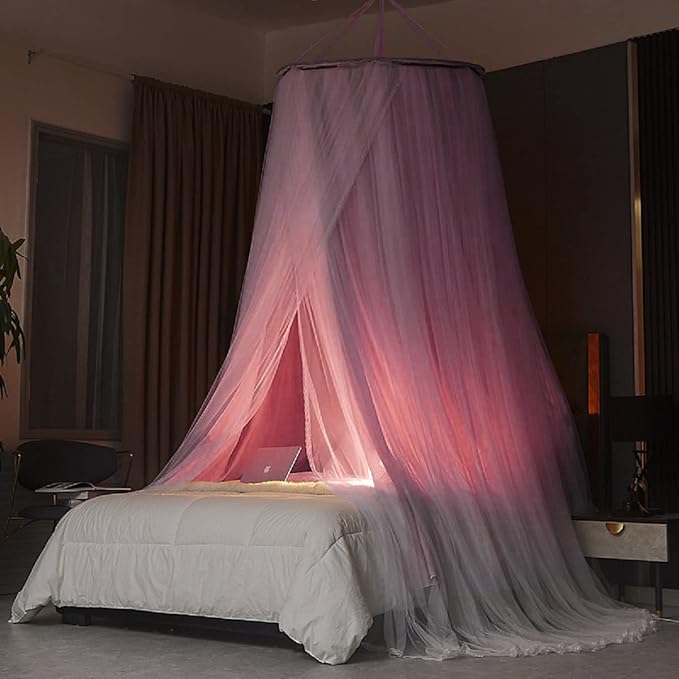 Kertnic Luxurious Bed Canopy for Girls & Adults - Double Layer Princess Canopy with Lace, Round Dome Mosquito Netting for Queen/King Bed Tent (Purple)