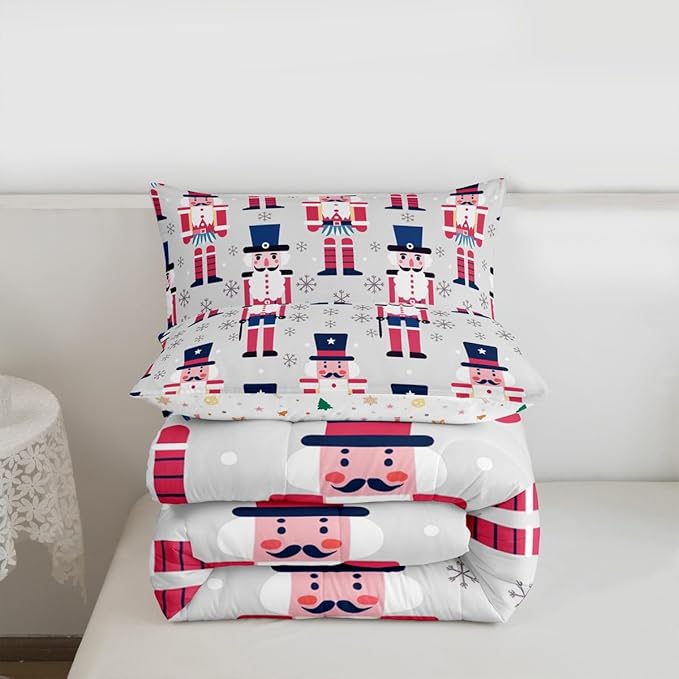 Feelyou Cute Nutcracker Comforter Set Twin Size Christmas Ornaments Bedding Set for Kids Boys Girls Xmas Snowflake Duvet Quilt Soldier Bedroom Decor Kawaii Microfiber 2 Pcs with 1 Pillow Cases