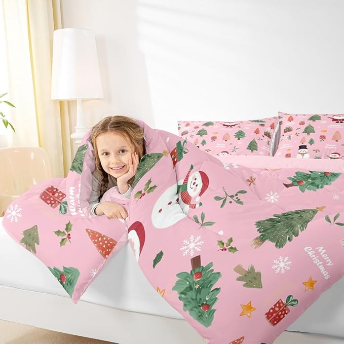Feelyou Pink Christmas Comforter Set Full Size Snowman Bedding Set for Kids Boys Girls Xmas Tree Duvet Quilt Bedroom Decor Microfiber 3 Pcs with 2 Pillow Cases