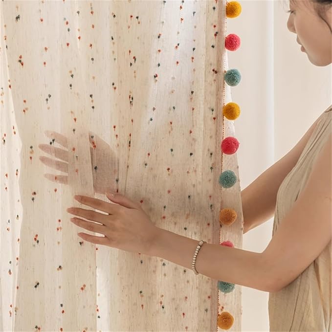Boho Rainbow Sheer Curtain with Colorful Pom Pom Voile Drapes Light Filtering Faux Linen Stripe Pompom Rod Pocket Window Drapes for Boys /Girls Bedroom/Nursery 2 Panels (W52 X L84 Inch-2PCS,White)