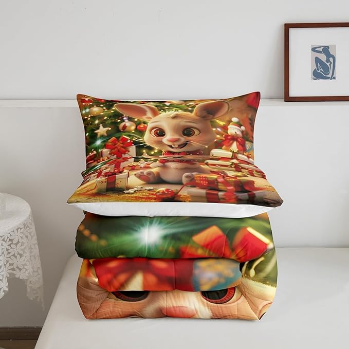Cartoon Rabbit Comforter Set Twin Size,Merry Christmas Bedding Set for Kids Boys Girls Room Decor,Christmas Tree Star Snowflake Quilt Set 2Pcs,Cute Animal Xmas Fashion Duvet Insert,1 Pillowcase