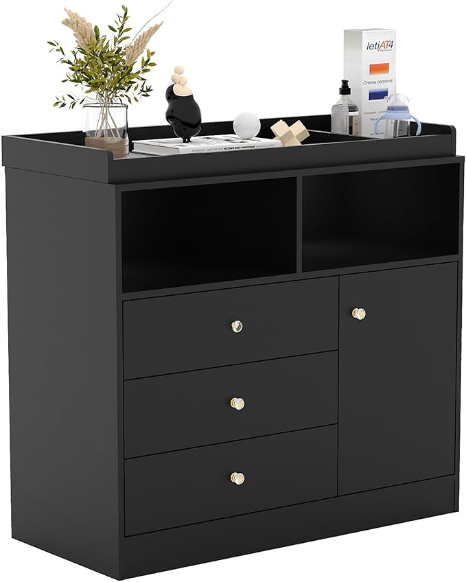 Baby Changing Table Dresser, Wooden Diaper Changing Station with 2 Open Shelves, 3 Drawers, and 1 Cabinet, Modern Baby Dressers for Nursery, Bedroom, Kids Room, Black