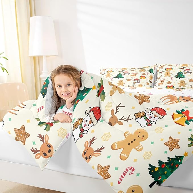 Feelyou Merry Christmas Kids Comforter Set Toddler Size Gingerbread Man Bedding Set Cute Deer Duvet Quilt for Kids Boys Girls Bedroom Christmas Tree Decor Microfiber Ultra Soft Breathable