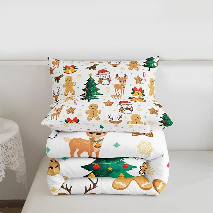 Feelyou Merry Christmas Comforter Set All Season Gingerbread Man Bedding Set with 2 Pillow Cases Cute Deer Microfiber Kids Queen Bedclothes Christmas Tree Duvet Quilt Breathable Soft Lightweight