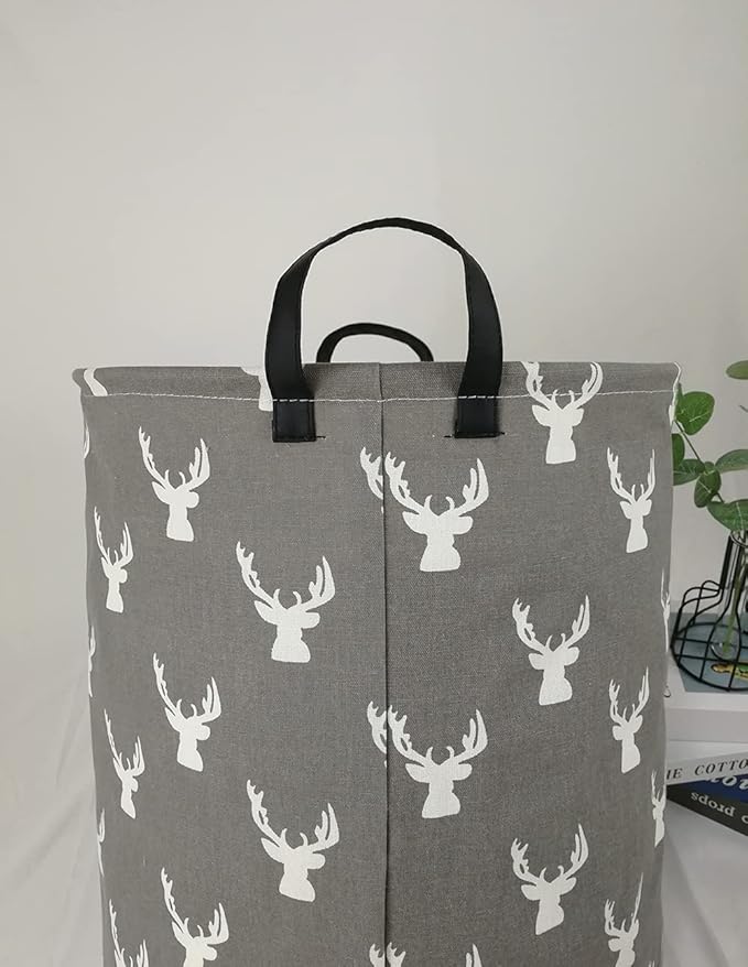 KUNRO Round Laundry Gift Basket Storage Hamper, Kids Toys and Clothes Storage Organizer Bins, Toy Shelf Basket with Handles for Room Decor (Grey deer)