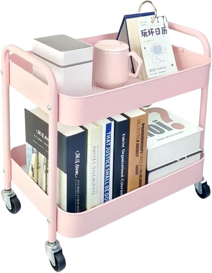 2 Tier Pink Rolling Cart with Wheels for Under Desk Storage, Large Capacity Rolling Pantry & Kitchen Storage Cart for Small Space, Sturdy Metal Bathroom Shelf Laundry Room Organization