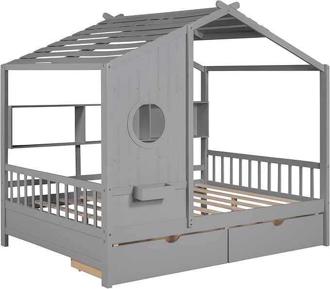 Harper & Bright Designs Full Size Modern House Bed with Roof, Wooden Twin Size House Bed with 2 Drawers and Storage Shelf, White