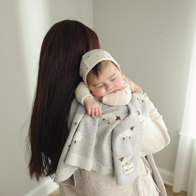 Knit Baby Swaddle Blanket - 100% Cotton Soft Cozy Lightweight Unisex Receiving Swaddling Stroller Quilt Blanket for Shower Gift Registry for Newborns Infants & Toddlers (Sheep - Grey)
