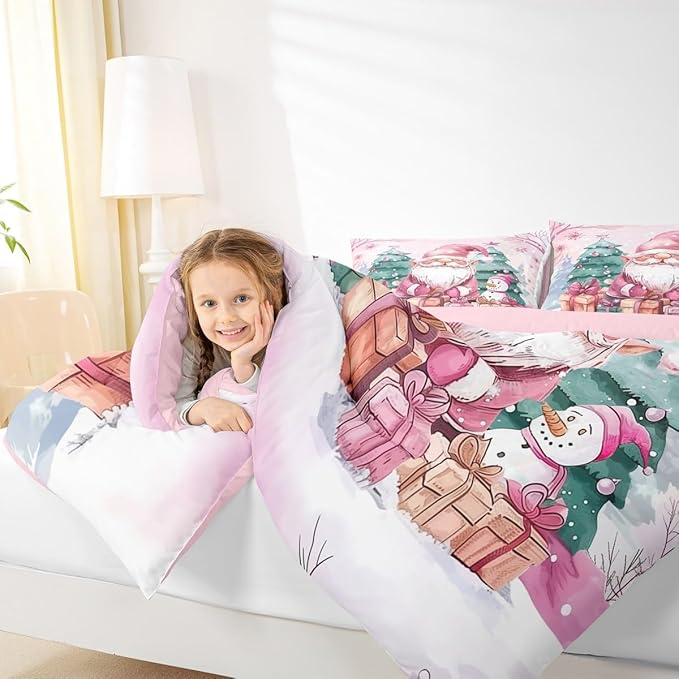 Feelyou Pink Christmas Comforter Set All Season Santa Claus Bedding Set with 2 Pillow Cases Cute Snowflake Kids King Bedclothes Merry Christmas Tree and Snowman Decor Duvet Quilt Soft
