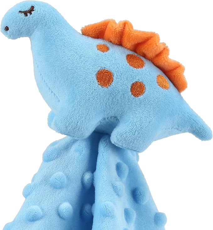 CREVENT Cozy Plush Baby Security Blanket Loveys for Baby Boys, Minky Dot Front + Sherpa Backing with Animal Face (Blue Dinosaur)
