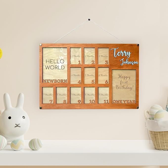 My First Year Picture Frame – Milestone Photo Board for Baby’s First Year Memories, Displays Two 4x6 and Twelve 2x3 Photos, Custom Wall Picture Frame Gift for Nursery