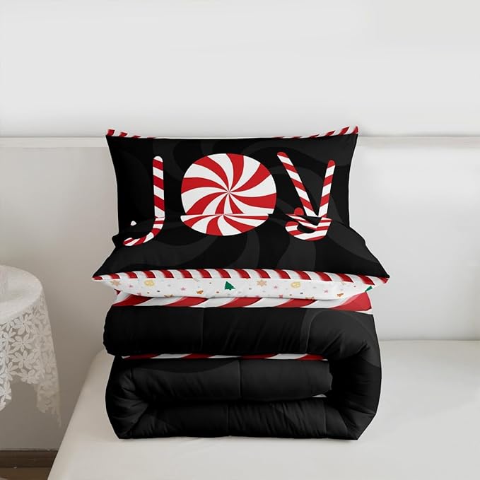 Kids Merry Christmas Comforter Set Twin Size,Holiday Joy Sweet Candies Bedding,Girls Boys Adults Bedroom/Xmas Cabin Decor,Wave Geometric Retro Down Comforter,Red Black Duvet Insert,1 Pillowcase