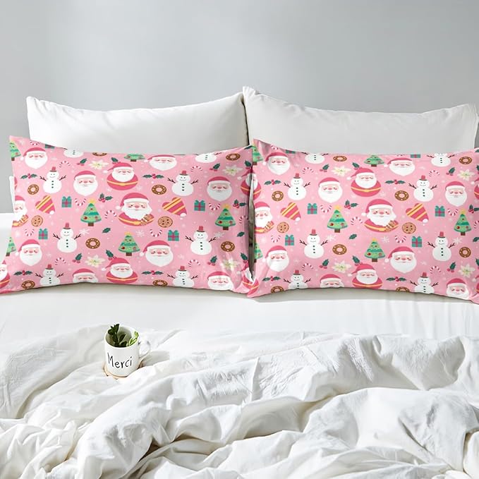 Feelyou Christmas Santa Comforter Cover Twin Size Cute Snowman Duvet Cover Xmas Holiday Bedding Set Gifts for Kids Boys Girls,Christmas Tree Snowflake Candy Decor 1 Pillow Case Pink