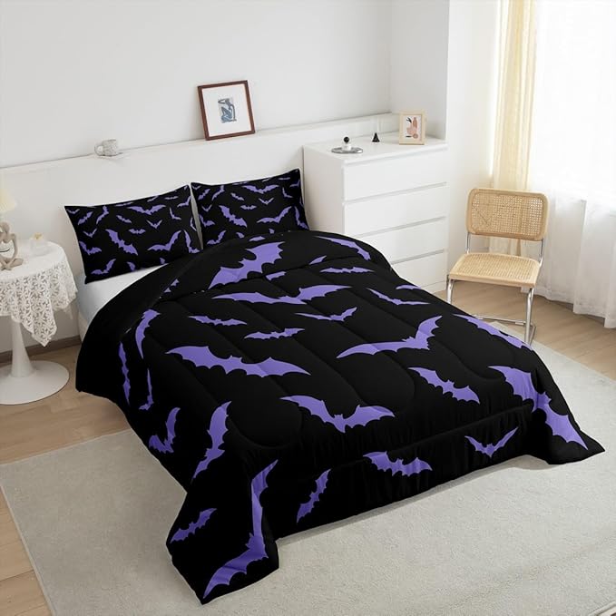 Erosebridal Happy Halloween Comforter Set with 1 Pillow Case Dark Purple Gothic Bats Quilt Toddler Size for Kids Boys Black Spooky Cartoon Gothic Bedding Set