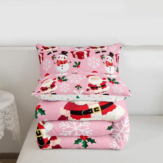 jejeloiu Merry Christmas Comforter Set Full Size Xmas Santa Claus Bedding Set for Kids Boys Girls Cute Snowman Duvet Quilt Pink Bedroom Decor