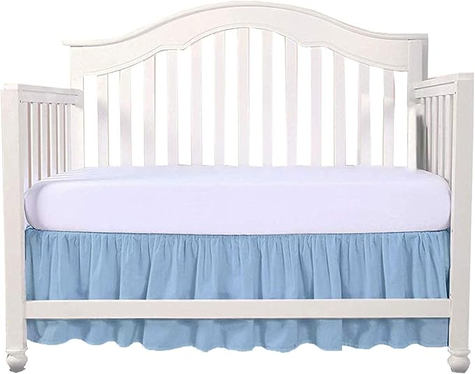 Crib Bed Skirt 28” x 52” with 14” Drop – Split Corners Dust Ruffle, Microfiber - Breathable, Durable, Elastic Adjustable Fit, Soft Nursery Bedding for Baby Boys & Girls, Light Blue Solid
