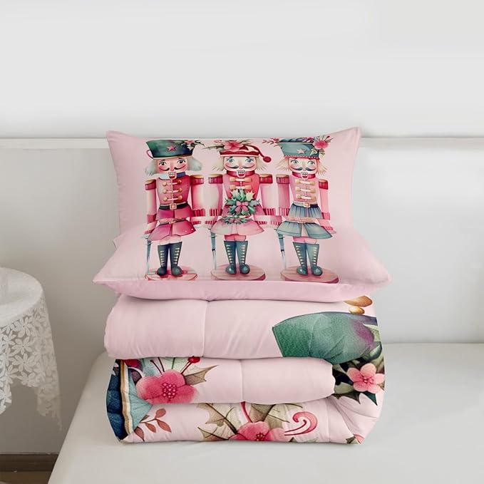 Feelyou Christmas Decorations Nutcrackers Kids Comforter Set Twin Size Pink Christmas Bedding Set Funny Nutcracker Duvet Quilt for Kids Boys Girls Bedroom Berries Printed Decor Kawaii Soft Breathable