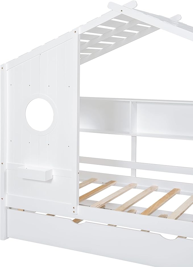 Bellemave Twin Size House Bed with Trundle for Kids,Twin Kids Bed Frame with Storage Shelves,Solid Wood House Bed Frame for Girls,Boys,Can be Decorated,White