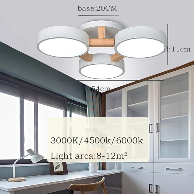 LED Flush Mount Ceiling Light Fixture with 3000K/4000K/6000K Temperatures Selectable,21Inch 33W Chandelier Modern Wood Ceiling Lamp for Bedroom Kitchen, 3-Lights Indoor Lighting White Pendant Light