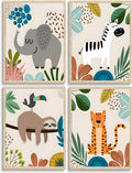 FJKLRP 4pcs Safari Nursery Wall Art Zebra elephant tiger monkey Pictures Poster Cute Animal Canvas Paintings Prints Decor for Kid Room Baby Room Wall Decor Unframed