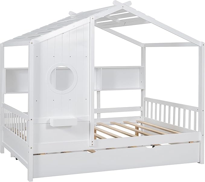 Full Size House Bed with Roof and Window for Kids, Wooden Playhouse Bed with Storage Shelves and Trundle for Bedroom Furniture Girls & Boys (White/T2)