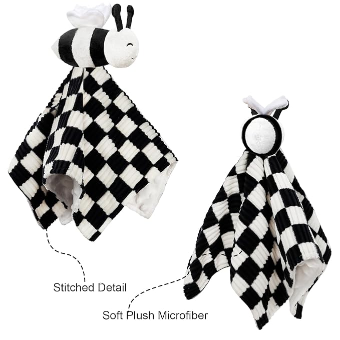 High Contrast Baby Security Blanket for Boys Girls 3D Soft Checkerboard Gingham with Minky Dot Fabric Backing Bee Snuggle Stuffed Animal Lovely Black 14 Inch