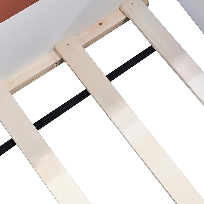Queen Size Upholstered Daybed Frame with Fence and Stairs, Montessori Kids Floor Bed with Sturdy Slat Support for Kids Boys Girls (Brown+Queen)