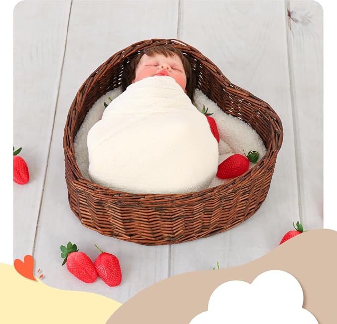 Kate Newborn Photography Props Brown Heart Shaped Rattan Basket Handcrafted Baby Basket Bed Set for Baby Photography Photoshoot