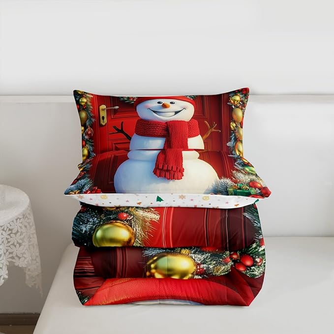 Feelyou Merry Christmas Kids Comforter Set Queen Size Cute Snowman Bedding Set Duvet Quilt for Kids Boys Girls Bedroom Snowflake Decor Microfiber Ultra Soft Breathable