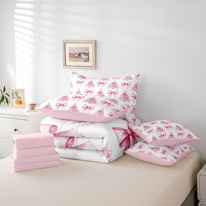 Manfei 7 Pieces Pink Bowknot Kids Comforter Queen,Christmas Trees Pine Bow Tie Toddler Bedding Set,Merry Christmas Happy New Year Xmas（Comforter+Fitted+Flat Sheet+2 Pillowcases+2 Throw Pillow Covers）