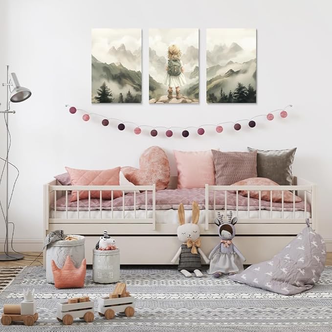 3-Piece Adventure Girl Nursery Wall Art, Mountain & Woodland Forest Nursery Decor for Toddler Room, Adventure Nursery Wall Decor for Kids Baby Girl's Room, Framed Canvas Set, 16"x24"