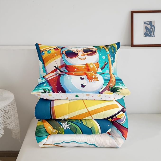 Manfei Cute Snowman Comforter Set Queen Size, Christmas Theme Bedding Set for Kids Boys Girls, Beach Surfboard Palm Tree Down Comforter for All Season, Lightweight Duvet Insert, 2 Pillowcases