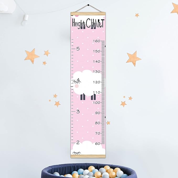 Kids Growth Chart Ruler for Wall Wood Frame Height Measure Chart 13.4x56 in Linen Hanging Height Growth Chart Pink Dot Sheep Kids Room Decor
