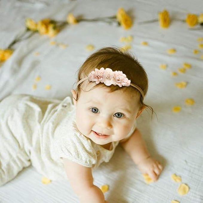 Baby Girl Nylon Headbands Flower Hair Bows Accessories-Elastic Hair Band Crown Handmade FLoral Wraps Birthday Gifts for Girls Newborn Infant Toddler 3Pcs