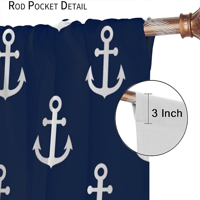 Nautical Costal Curtains,MarineThemed Oceanic Anchor Pattern Blackout Print Home Bedroom Living Room Window Treatments 2 Panel Set 63x72 Inch