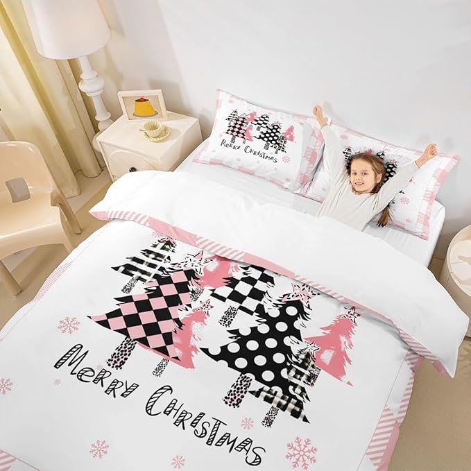 Merry Christmas Duvet Cover Set Twin Size, Pink Plaid Xmas Trees Bedding Set 2pcs, New Year Holiday Quilt Cover with Zipper Closures, Kids Girls Santa Claus Room Decor, 1 Pillowcase, No Comforter