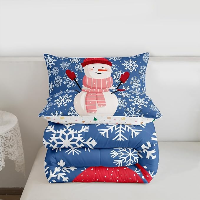 Feelyou Christmas Comforter Set Toddler Size Snowman Blue Bedding Set for Kids Boys Girls Xmas Snowflakes Duvet Quilt Winter Snow Bedroom Decor Microfiber 2 Pcs with 1 Pillow Cases