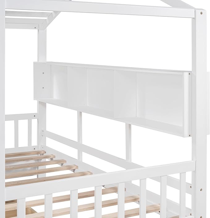 Merax Wood Multifunctional Daybed with Drawers/Storage Shelf, House Low Day Bed for Kids, Space Saving, Easy Assemble White