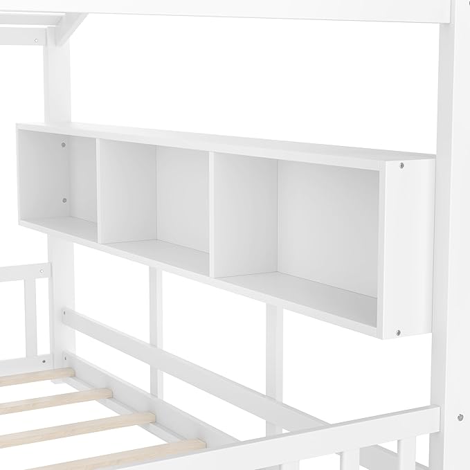 Twin Size Floor House Bed with Roof and Window for Kids, Wooden Playhouse Bed with Storage Shelves for Bedroom Furniture Girls & Boys (White/L2, Twin)