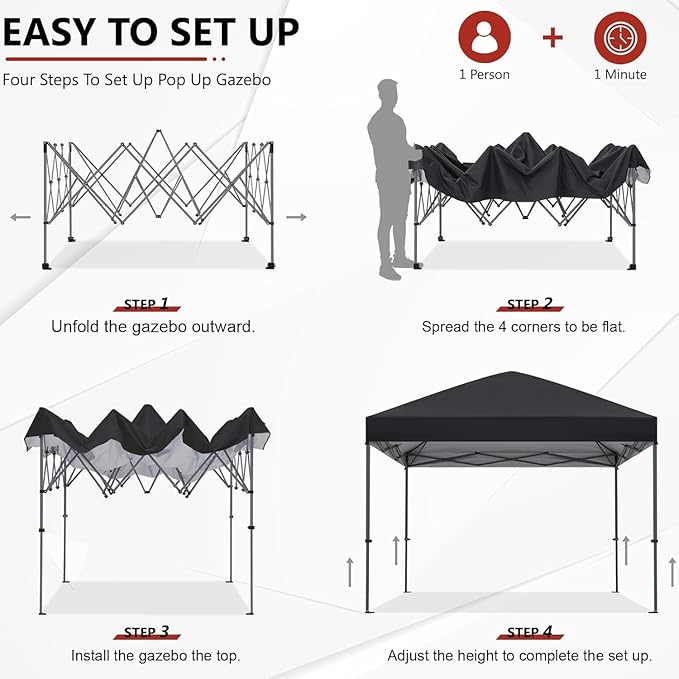 ABCCANOPY Pop Up Canopy - Outdoor Patio Portable Canopy Tent Heavy Duty for Backyard and Deck with 4 Sandbags(Black, 8x8)