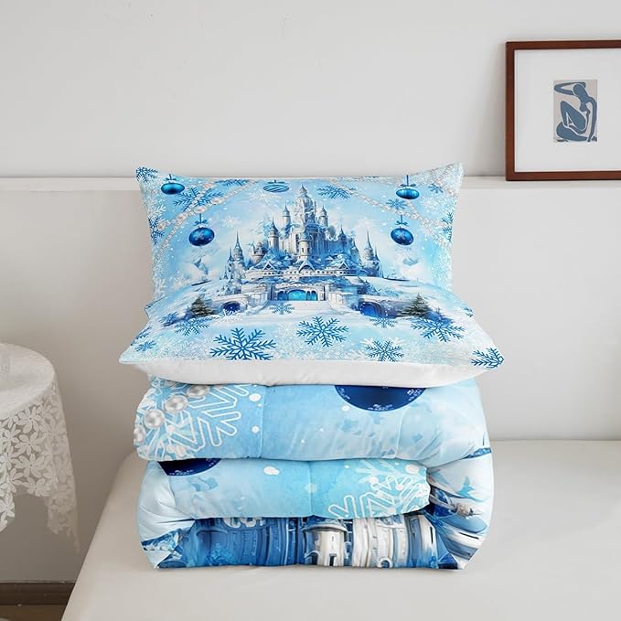 Dreamy Castle Comforter Set King Size,Princess Blue Winter Snowflakes Bedding Set All Season Quilt Set,Fairy Tale Theme Watercolor Christmas Microfiber Polyester Down Comforter