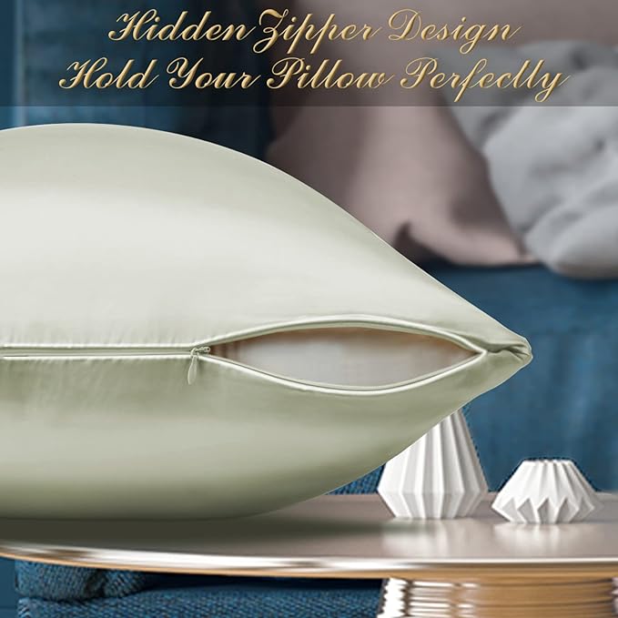 100% Mulberry Silk Pillowcase 2 Pack for Hair and Skin,with Hidden Zipper,Both Sides 22 Momme Natural Silk Pillow Cover,Soft Breathable & Smooth (Matcha, King)