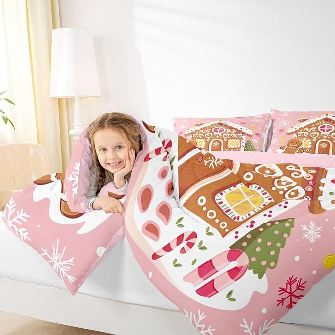 Feelyou Christmas Gingerbread Bedding Set Soft for Boys Girls,Gingerbread House Comforter Set Full Size Winter Holiday Decor Duvet Quilt Cute Snowflake Room Decor Pink Decor 3 Pcs with 2 Pillow Cases