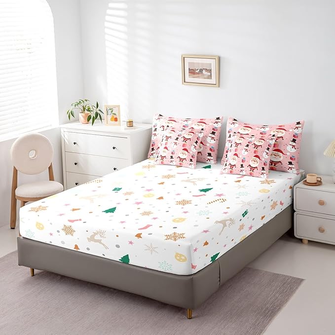 Feelyou Christmas Bed in a Bag Merry Christmas Snowman Comforter Set with Sheets for Kids Boys Girls Decor Santa Claus Bed Set Kawaii Pink Bedding Set Bedroom Collection King Size