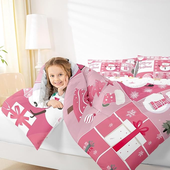 Xmas Comforter Set King Size,Snowman Christmas Tree Snowflake Duvet Insert for Kids Boys Girls Room Decor,Pink Plaid Patchwork Bedding Set 3Pcs,Merry Christmas Cartoon Quilt Set,2 Pillowcases